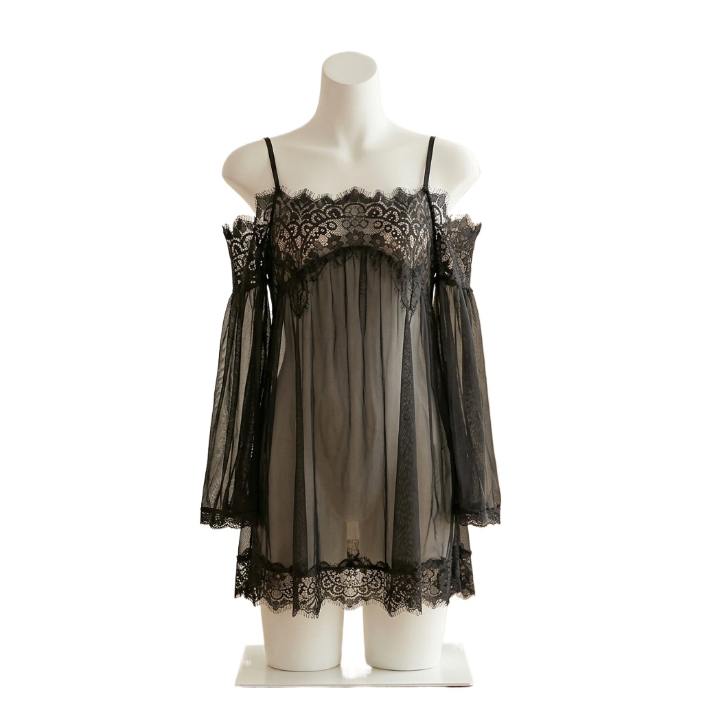 Babydoll Chemise Night - Schwarzes Damen-Babydoll-Dessous mit Wimpernspitzen-Spitze, durchsichtiges Netz-Nachthemd