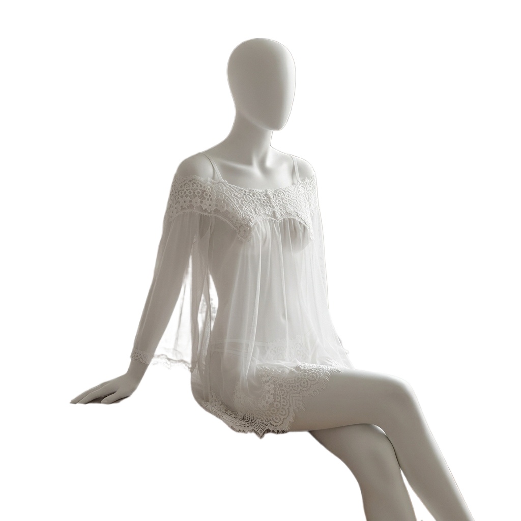 Babydoll Chemise Night - Schwarzes Damen-Babydoll-Dessous mit Wimpernspitzen-Spitze, durchsichtiges Netz-Nachthemd